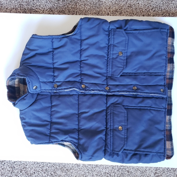 Vintage 1970s 80s Mens Heywood House Reversable Navy Camel Plaid Lumberjack Vest - Picture 4 of 8